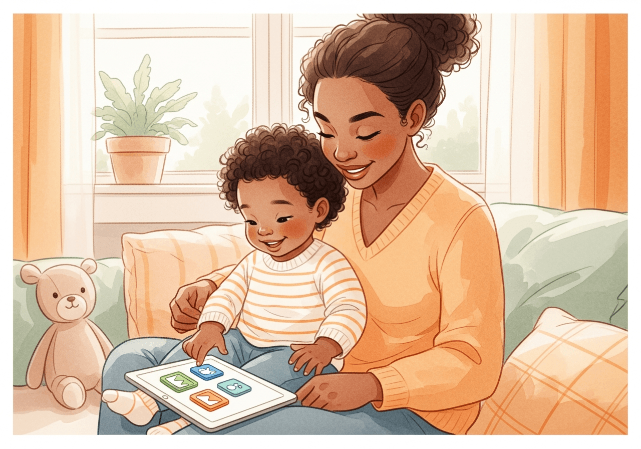 Una mamma felice e il suo bambino esplorano insieme i pulsanti con le immagini su un tablet