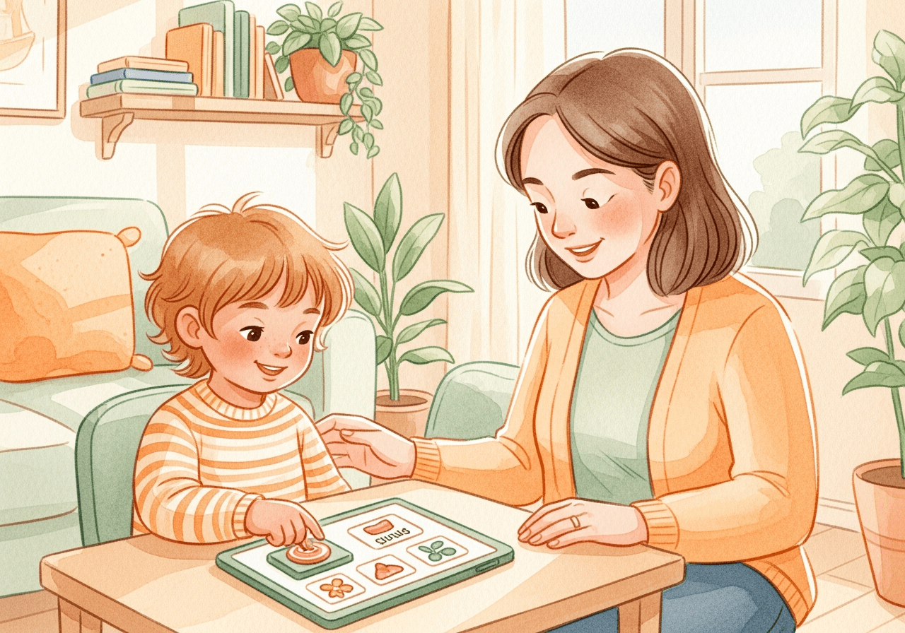 Un bambino preme felice un pulsante con un’immagine su un tablet, accanto a una logopedista sorridente