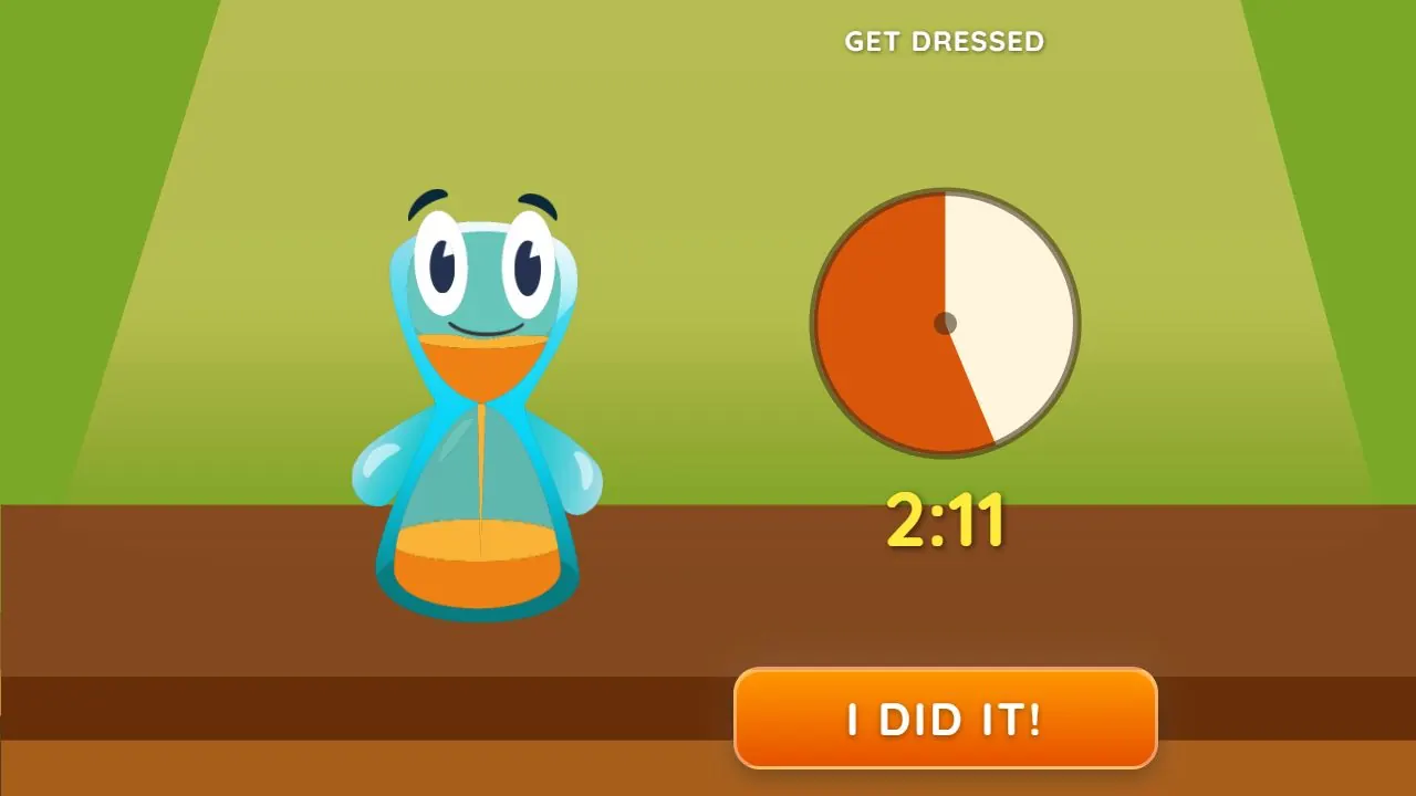 Get Dressed in Lickety Split, showing an animated visual timer alongside the musical cue