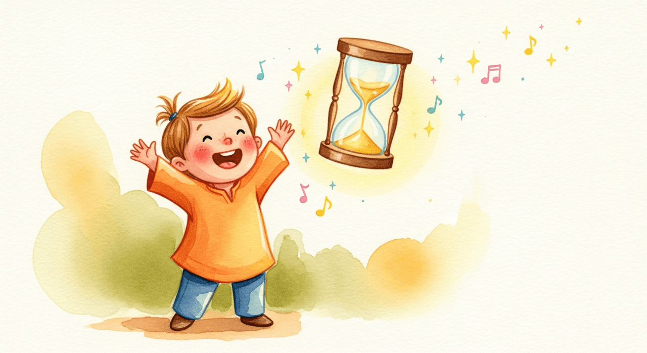 Joyful child with a magical hourglass timer