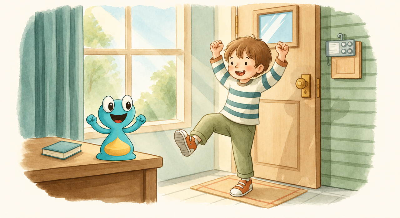 Child cheerfully bouncing through a sunlit room with the Lickety Split hourglass character
