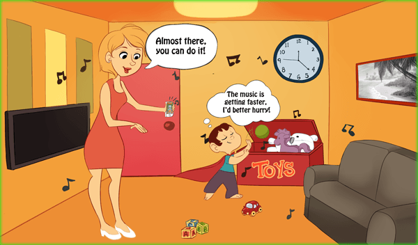 Il bambino sente la musica, si alza e comincia a prepararsi al ritmo della canzone.