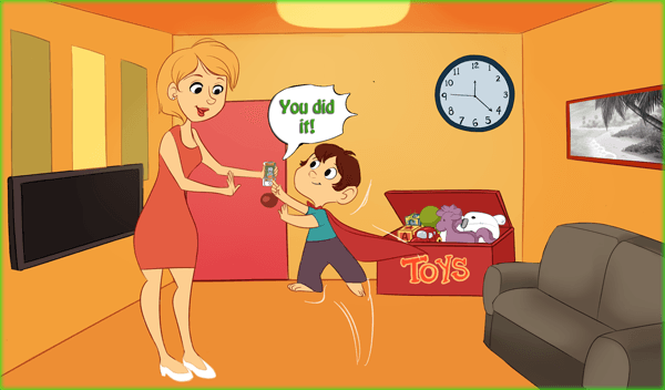 Genitore e bambino sorridono: il timer finisce proprio quando il bambino ha finito — compito completato.