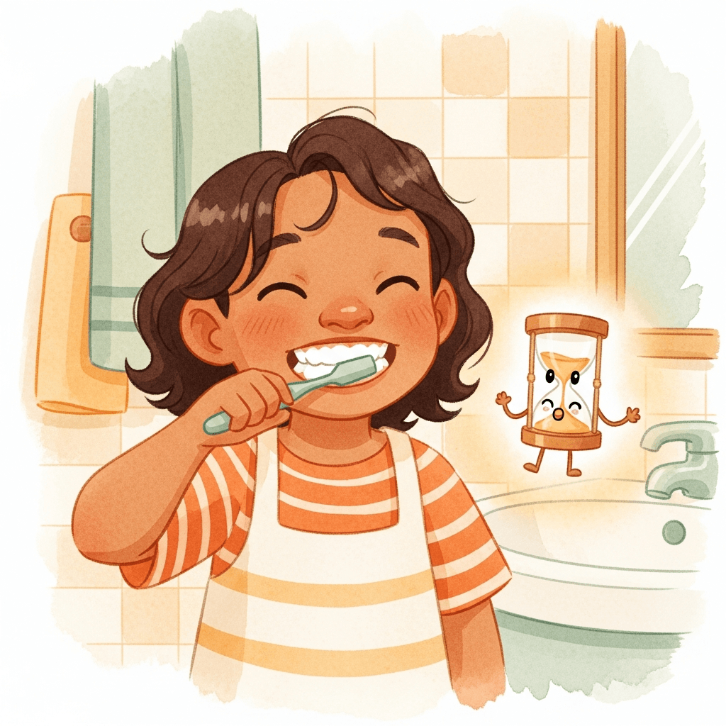 Un bambino si lava i denti al lavandino del bagno